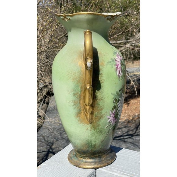 LARGE 15.5" Antique Continental Porcelain Hand Painted Gilt Handled Vase - Picture 12 of 16